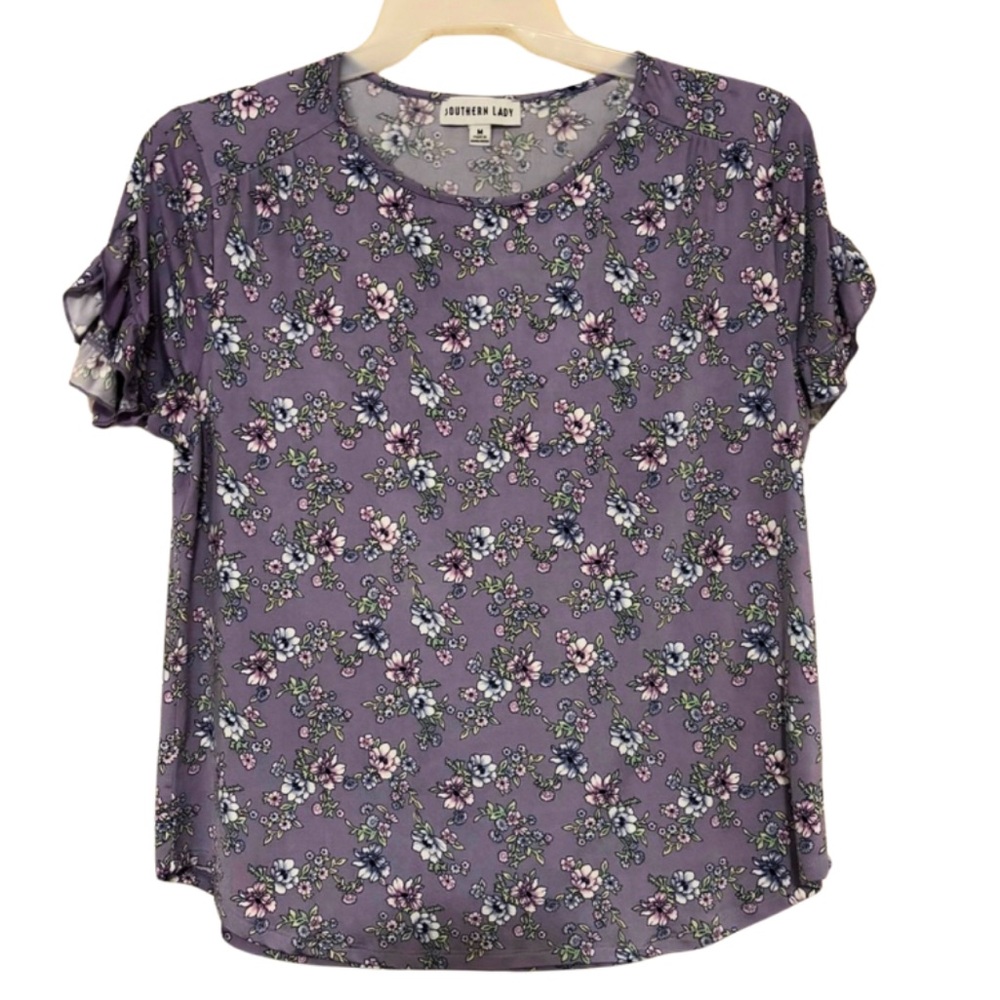 🔥5 for $25🔥 Southern Lady Purple Floral Print Flutter Sleeve Top